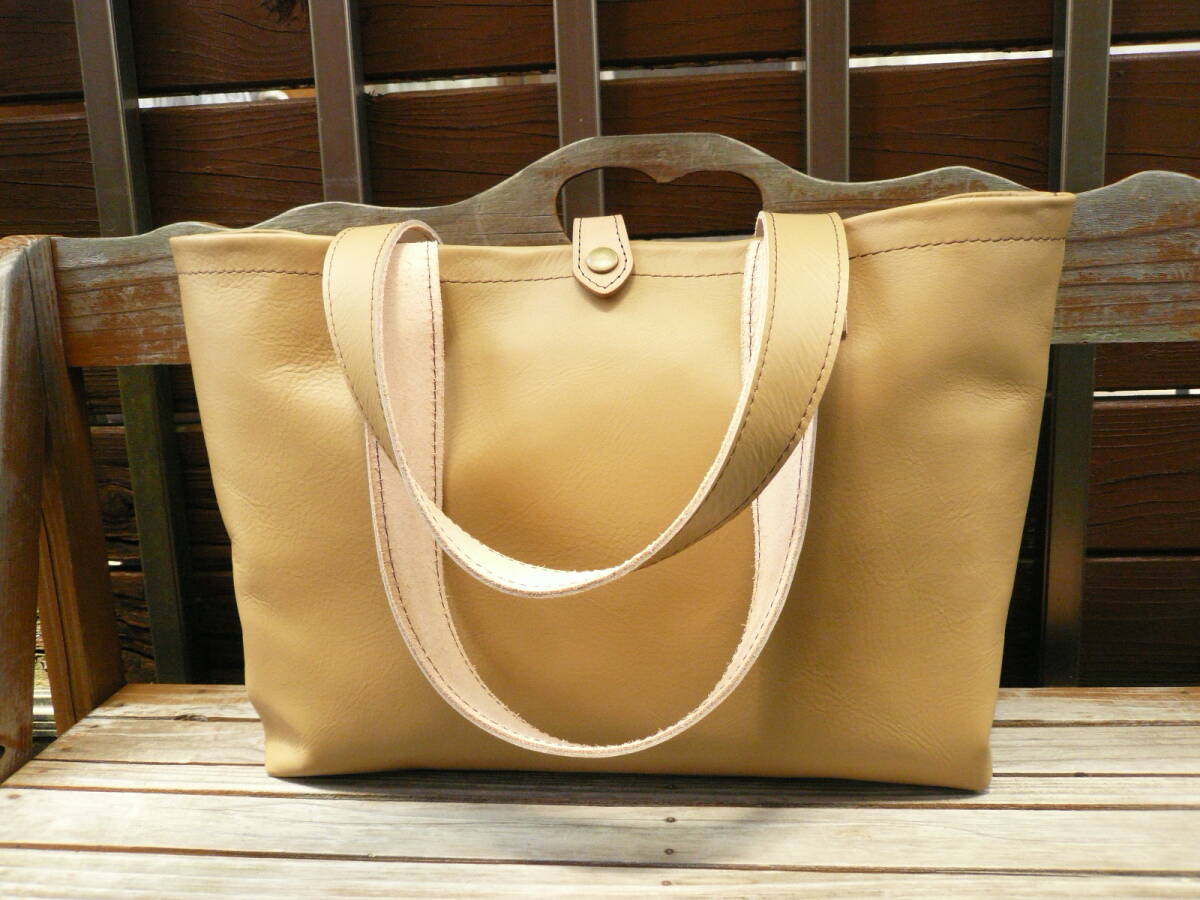 【牛革トートバッグ!軽量シンプル 留め部分ヌメ革ナチュラル】レザーバッグ ハンドメイドバッグ A4対応サイズ 160拍卖