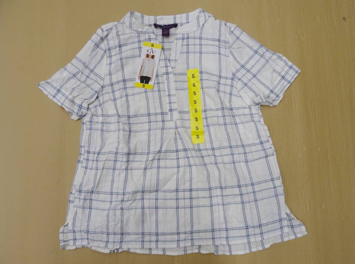 H-271 新品 Gloria Vanderbilt トップス 半袖 シャツ Vネック サッカー生地 レディース オーバーブラウス【S】ホワイト 薄手拍卖