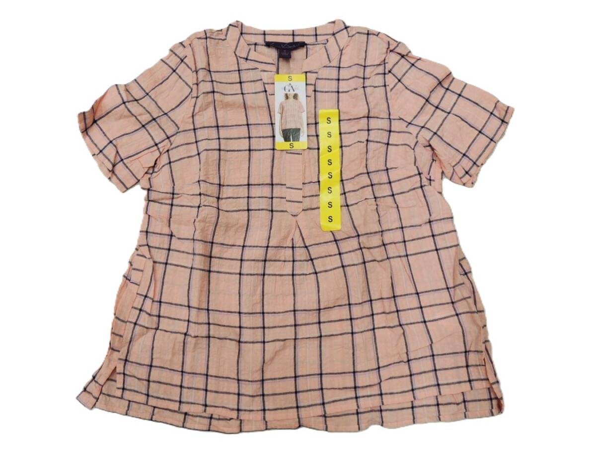 H-271-2 新品 Gloria Vanderbilt トップス 半袖 シャツ Vネック サッカー生地 レディース オーバーブラウス【S】ピンク 薄手拍卖