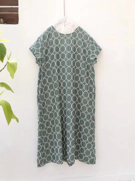 ワンピース ライトグリーン サークル刺 フリーサイズ 麻100% リネン RINEN ゆったり チュニック拍卖