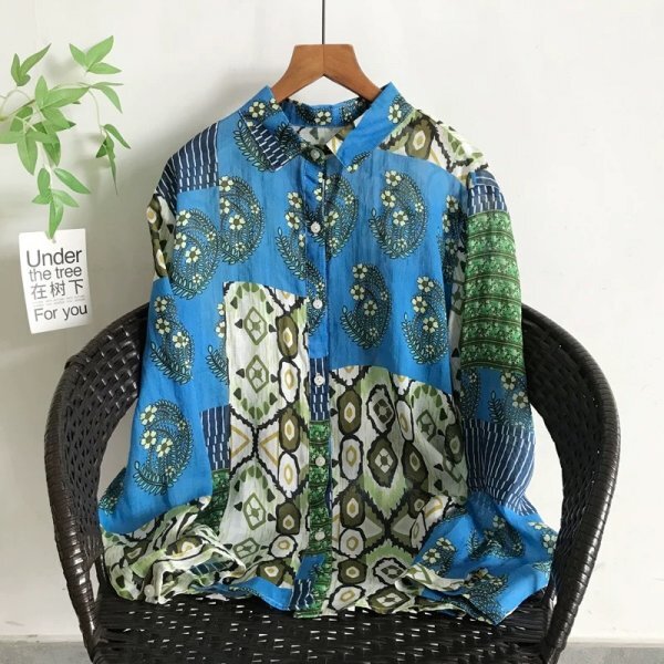 sg 0707 チュニック ワイシャツ 麻100% ゆったり オシャレ フリーサイズ ナチュラル 紫外線防止 通気性肌触り抜群 サラサラ プリント柄花Y拍卖