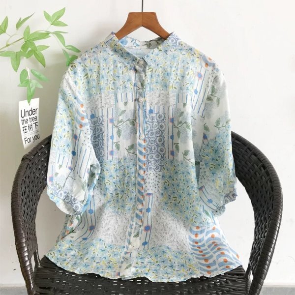 sg 0706 チュニック ワイシャツ トップス パッチワーク風花柄 麻100% ゆったり オシャレ フリーサイズ ナチュラル拍卖