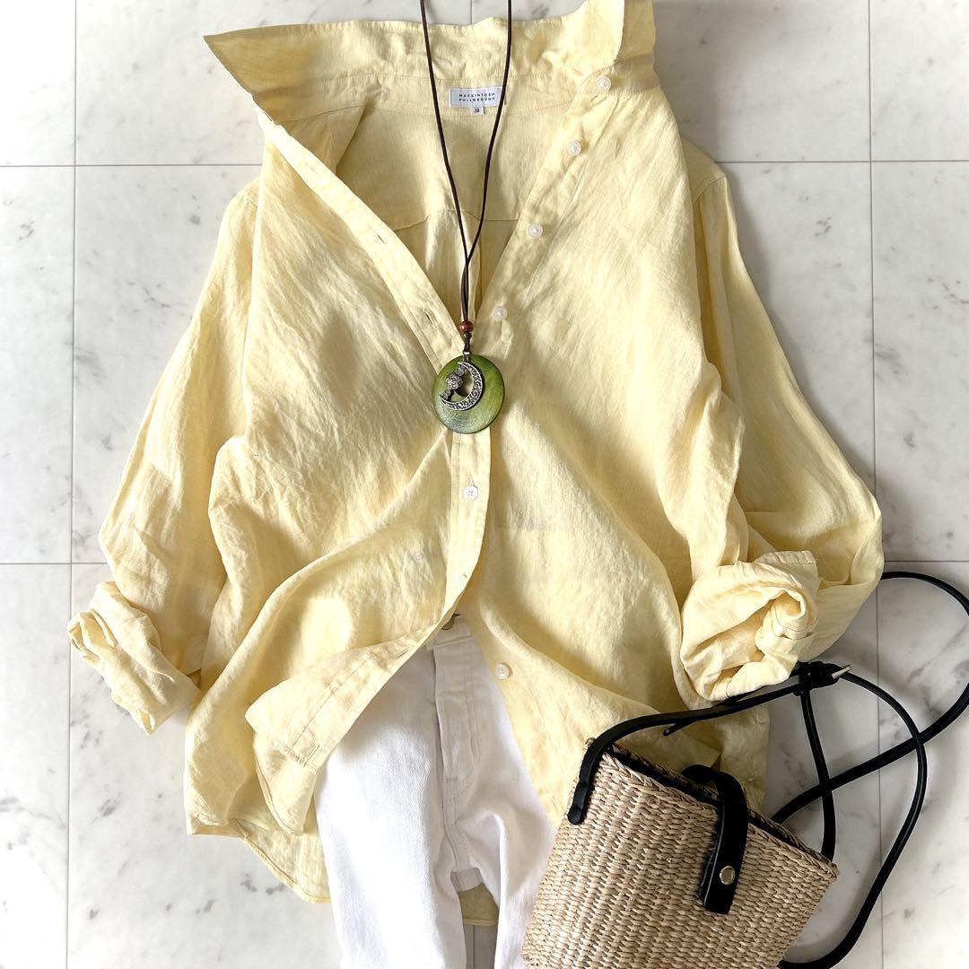 美品 マッキントッシュフィロソフィー MACKINTOSH PHILOSOPHY リネンシャツ 2way イエロー 麻100% 黄色 レディース拍卖