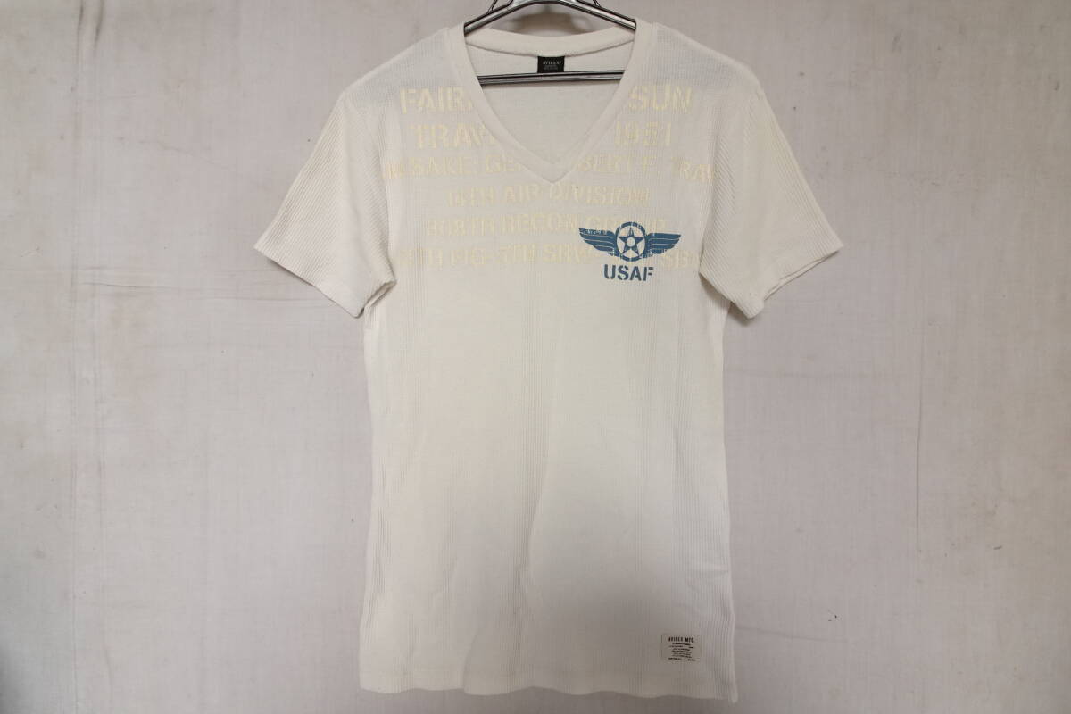 AVIREX MFG./アヴィレックス/半袖Tシャツ/ワッフル素材/Vネック/フロントプリント/フィット感/オフホワイト/白/Lサイズ(7/15R7)拍卖