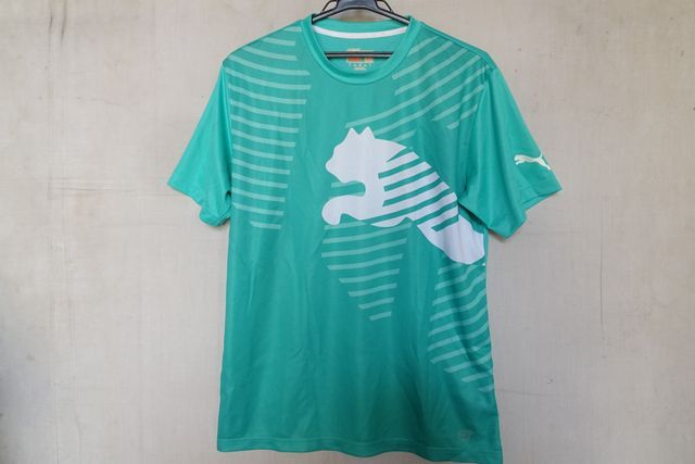 PUMA/プーマ/半袖Tシャツ/クルーネック/速乾性素材/ロゴプリント/ボーダー柄/スポーツ/エメラルドグリーン/USサイズL(7/10R7)拍卖