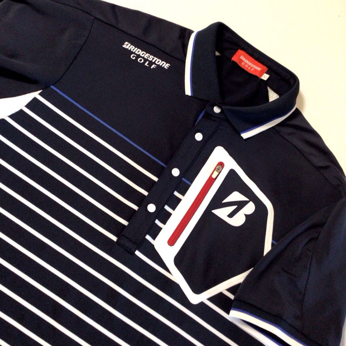 美品☆BRIDGESTONE GOLF/ブリヂストンゴルフ☆半袖☆ポロシャツ☆ストレッチ/トップス/ジャケット/ゴルフウェア/紺/L拍卖