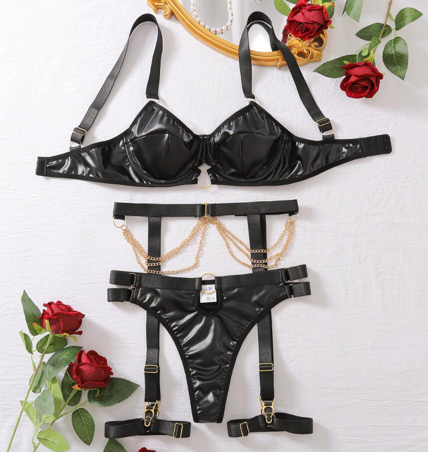 292 インナーウエアladiesレディース ◇魅惑Styleセクシー 大人気 ◇高品質 ブラジャーショーツセット 合皮 ブラック拍卖