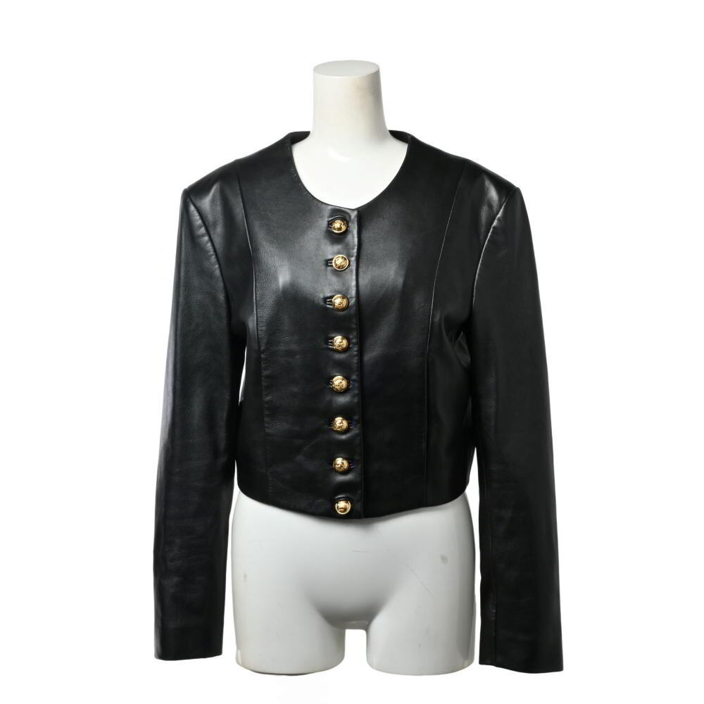 美品 CELINE ラムレザー ノーカラー ゴールドボタン ジャケット 34 ブラック セリーヌ KL4BHCKP83拍卖