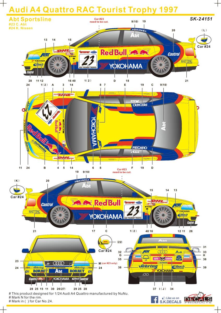 S.K.DECALS SK24151 Audi A4 Quattro RAC ツーリスト・トロフィー1997 シルクスクリーンデカール拍卖