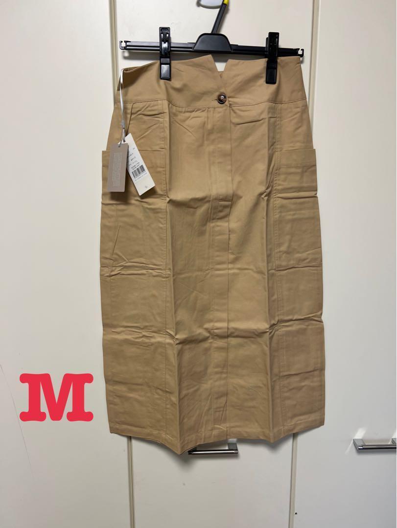 新品 セゾンドパピヨン フロントベンツミモレ丈コクーンスカート ベージュ M拍卖