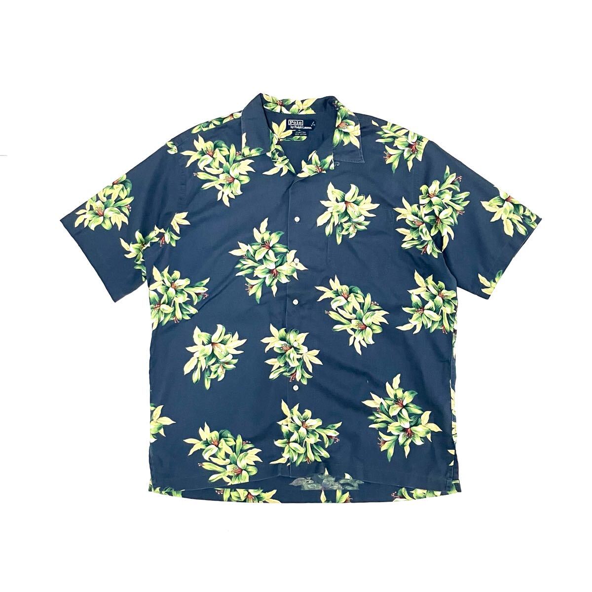 L ポロ ラルフローレン 開襟 総柄 コットン オープンカラー 花柄 シャツ クレイトン CLAYTON ネイビー 90’s 90年代 Polo Ralph Lauren 拍卖