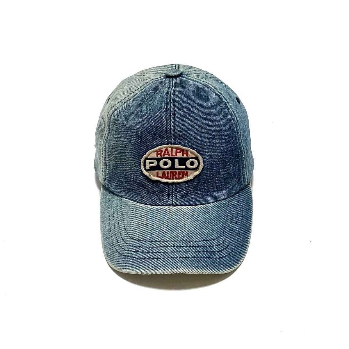 アメリカ製 ポロ ラルフローレン デニム キャップ 90’s 90年代 青 ブルー 帽子 ジーンズ アップリケ パッチ フリーサイズ レア POLO拍卖
