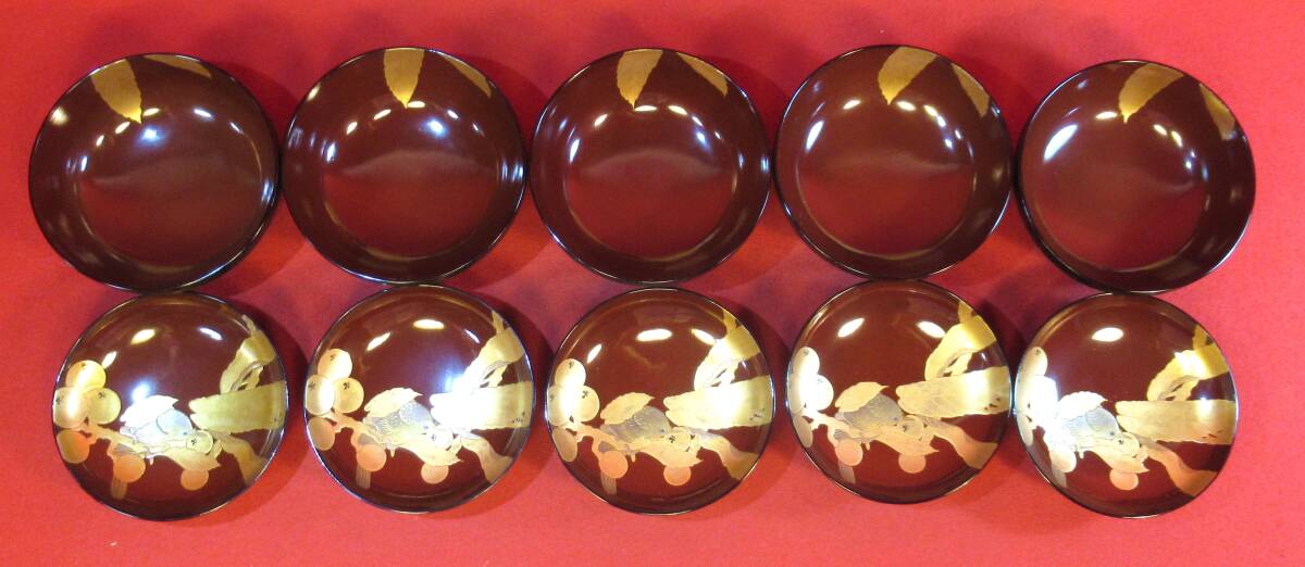 名品 『木製 枇杷に鳥蒔絵吸物椀5客まとめて 高蒔絵』③時代漆器 明治期 上手・薄造り 懐石道具 会席膳拍卖