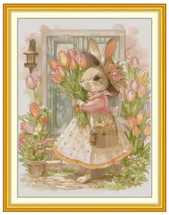 【送料無料・匿名配送】クロスステッチキット カントリーラビット うさぎ チューリップ 14CT 刺繍拍卖