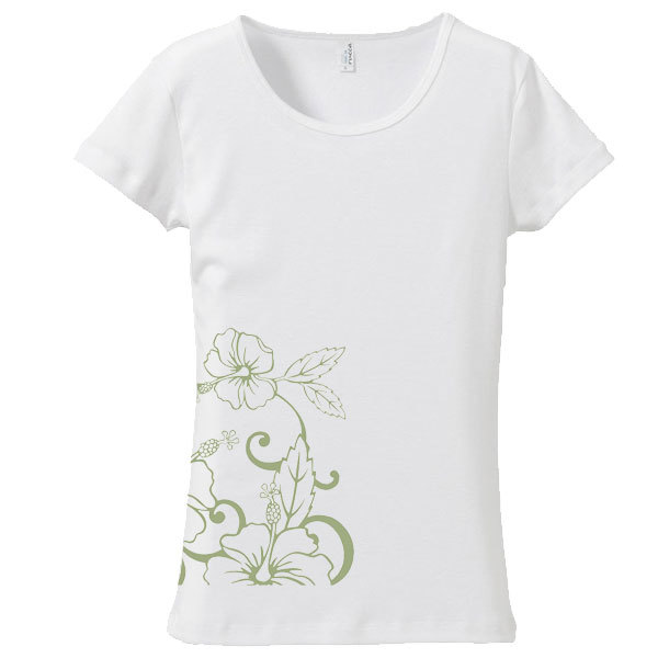 (L)ホワイト【tf105】サイドにシックなハイビスカスプリント*メール便発送Tシャツ半袖送料無料ハワイフラダンスレディース南国カジュアル 拍卖