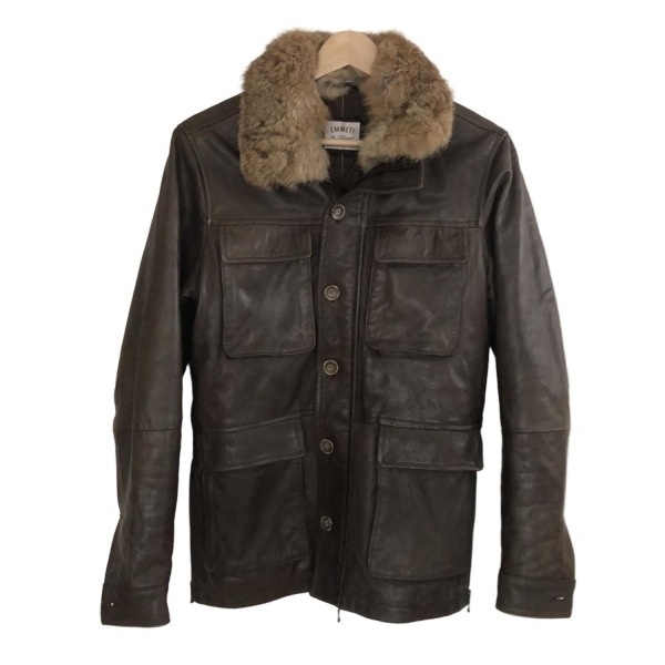 エンメティ EMMETI ブルゾン サイズ46 XL - ダークブラウン×ベージュ メンズ 長袖/ラムスキン/ファー/ジップアップ/中綿/秋/冬 ジャケット拍卖