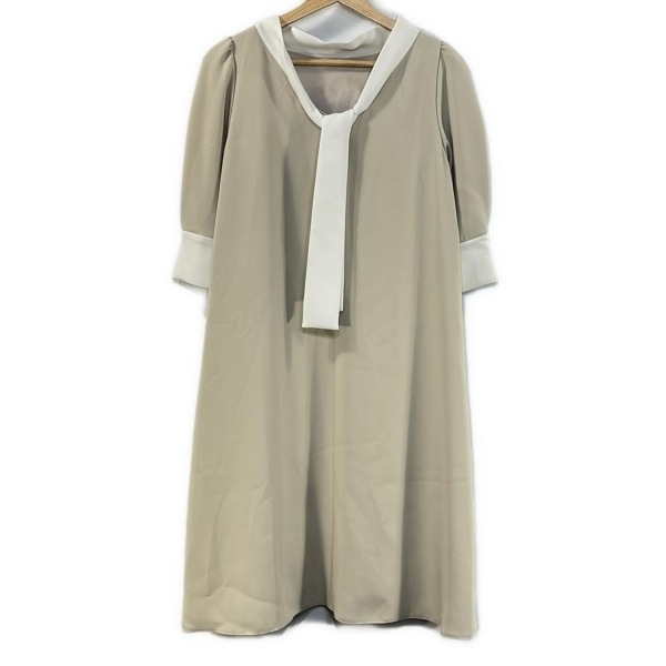 セルフォード CELFORD サイズ36 S - グレーベージュ×白 レディース ボウタイ/七分袖/ひざ丈 美品 ワンピース拍卖