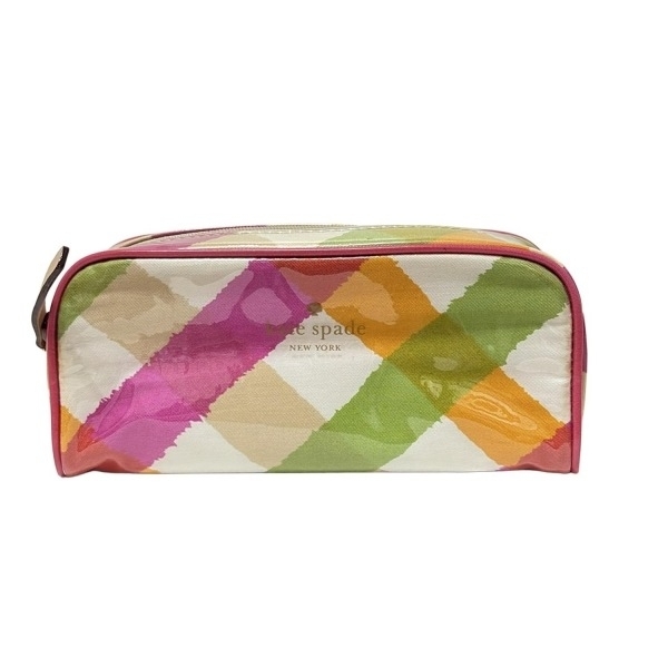 ケイトスペード Kate spade PWRU2737 - コットン、レザー ベージュ×ピンク×マルチ チェック柄 美品 ポーチ拍卖