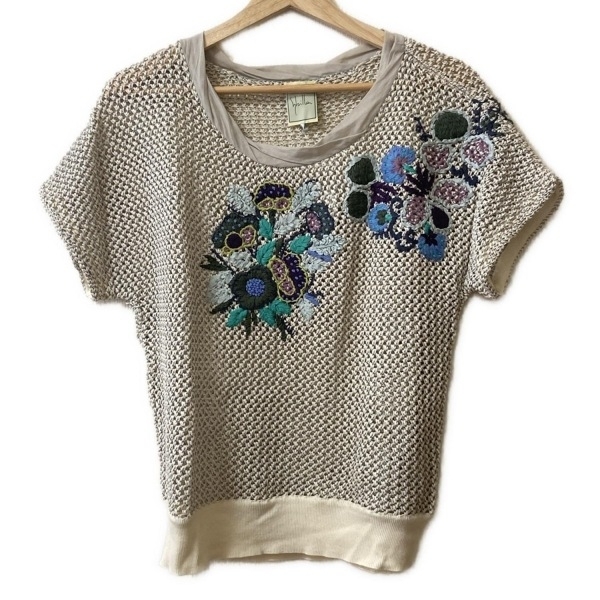 シビラ Sybilla 半袖セーター/ニット サイズM - ライトグレー×ダークグリーン×マルチ レディース クルーネック/刺繍/フラワー(花)拍卖