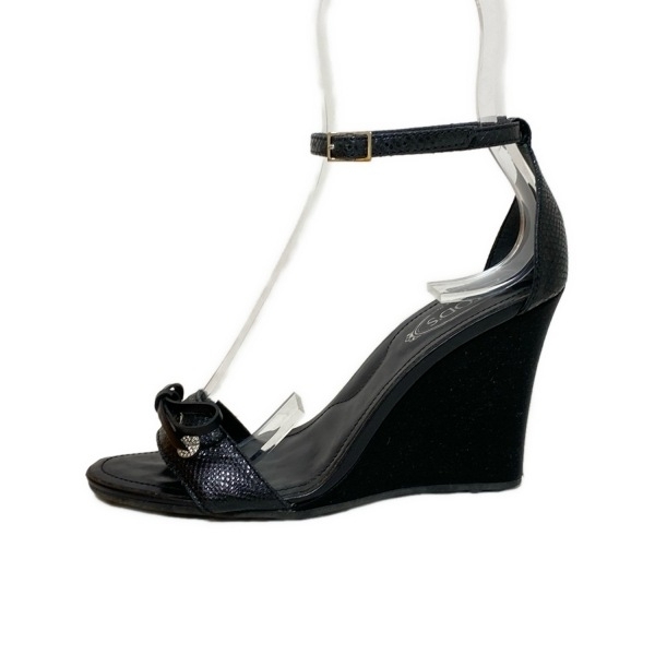 トッズ TOD'S サンダル 35 1/2 - レザー 黒 レディース リボン/型押し加工/ウェッジソール 靴拍卖