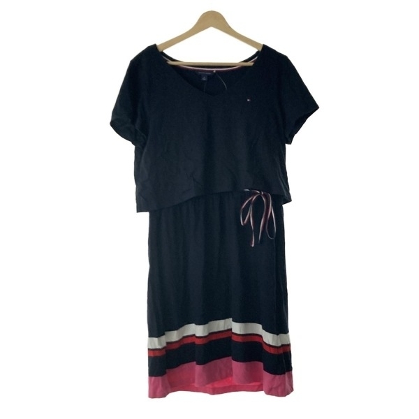 トミーヒルフィガー TOMMY HILFIGER サイズM - ダークネイビー×ピンク×マルチ レディース Vネック/半袖/ひざ丈/ウエストゴム ワンピース拍卖