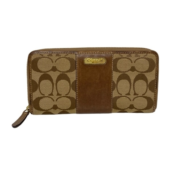 コーチ COACH 長財布 シグネチャー柄 レザー カーキ×ダークブラウン 財布拍卖