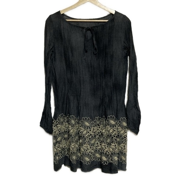 ヒロコビス HIROKO BIS サイズ11 M - ダークグレー×ベージュ レディース クルーネック/長袖/ミニ/刺繍 ワンピース拍卖