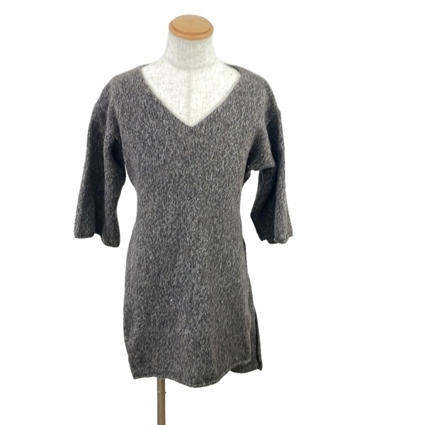 プラージュ Plage - 黒×ダークブラウン×ライトグレー レディース Vネック/七分袖/ひざ丈/ニット ワンピース拍卖
