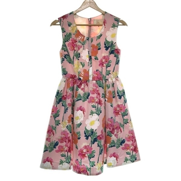 チェスティ Chesty サイズ0 XS - ピンク×グリーン×マルチ レディース ノースリーブ/ひざ丈/花柄 ワンピース拍卖