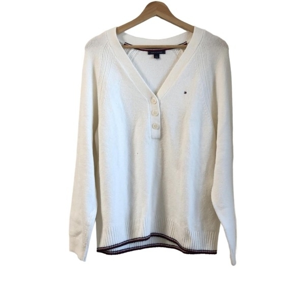 トミーヒルフィガー TOMMY HILFIGER 長袖セーター/ニット サイズL/G L - 白×レッド×ダークネイビー レディース Vネック 美品 トップス拍卖