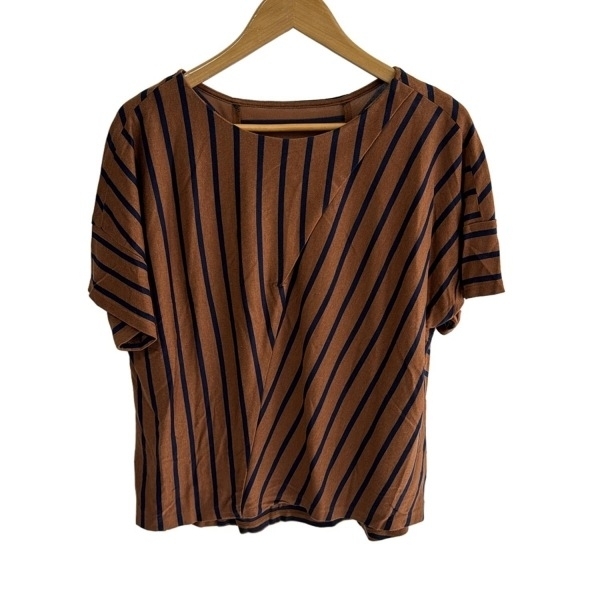 レリアン Leilian 半袖カットソー サイズ13+ S - ブラウン×ネイビー レディース クルーネック/ストライプ 美品 トップス拍卖