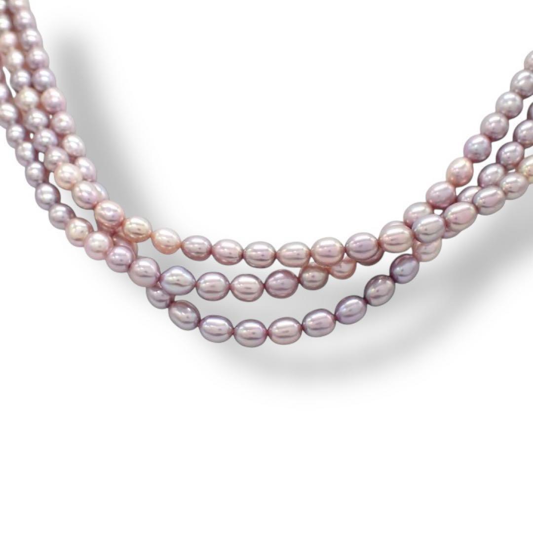 田崎真珠 タサキ TASAKI 3連 パール ネックレス チョーカー マルチカラー パープル ピンク S SV シルバー 3659拍卖