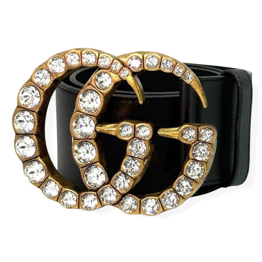 新品同様 グッチ ベルト アンティーク加工 極太 約58mm ビジュー GUCCI 550110 レディース クリスタル GGマーモント cs12拍卖