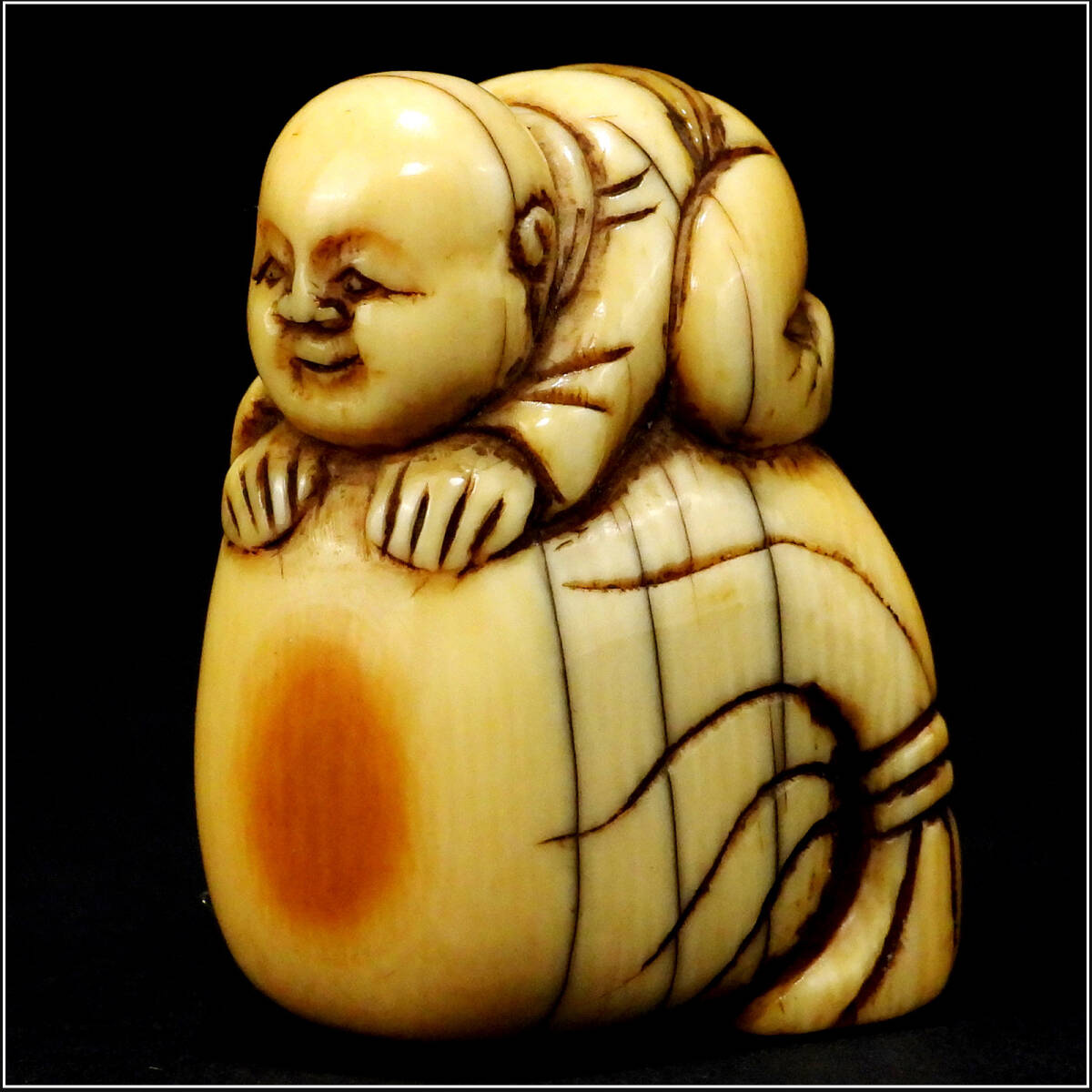 【騰立】時代 提げ物 天然素材 彫刻 宝袋 唐子 根付■検古民芸印籠緒締江戸期■A727-2拍卖