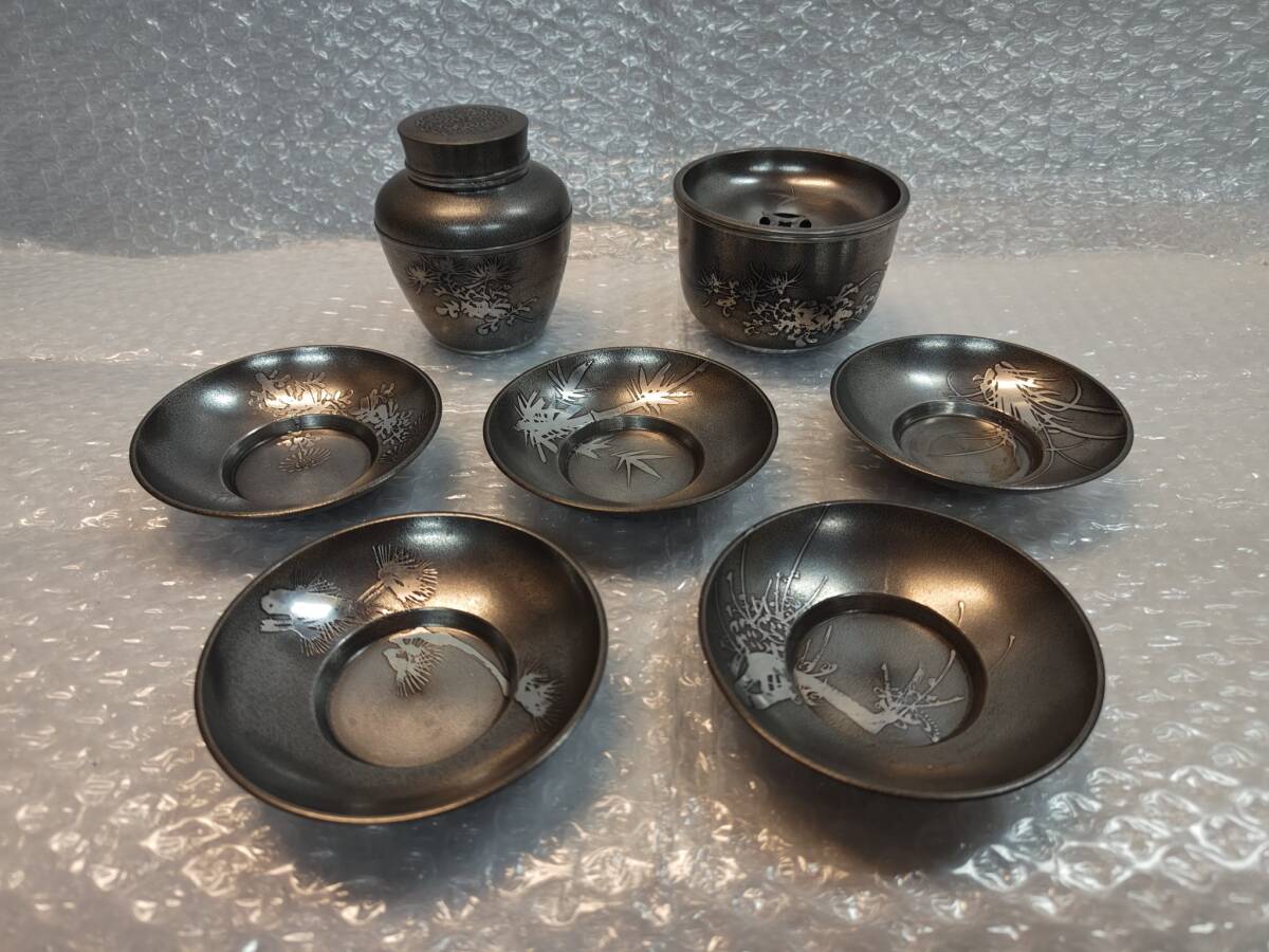 中古品☆錫製 茶筒 茶こぼし 茶托5枚 セット 付属品無し・共箱なし☆拍卖
