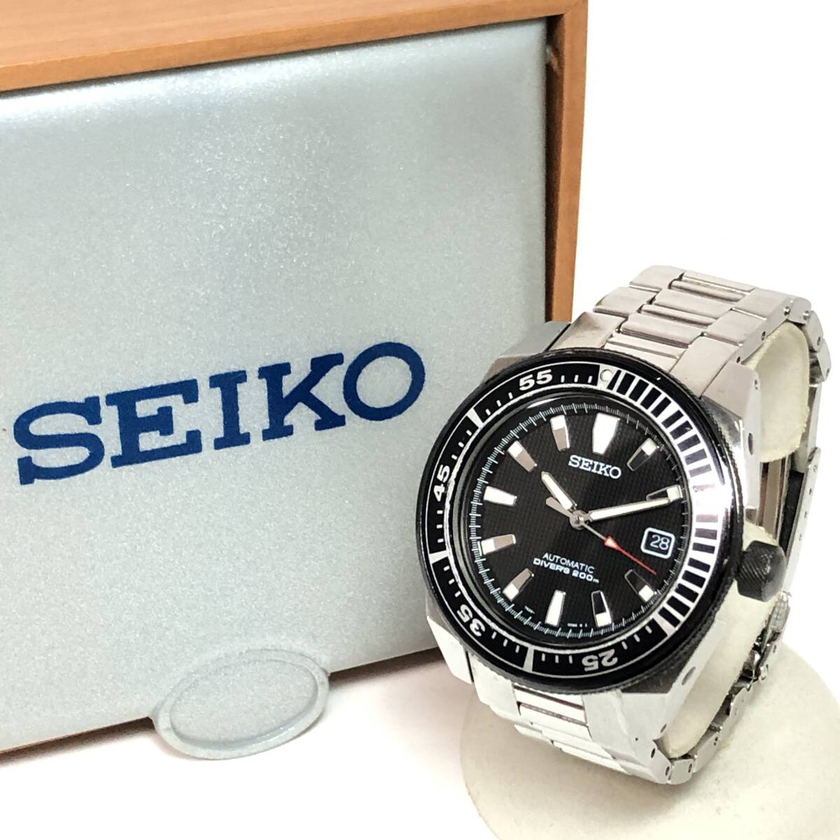 *SEIKO 7S35-00B0 ブラックサムライ ダイバーズ200m デイト 自動巻 黒文字盤 ブラック AT 腕時計 箱/コマ付拍卖