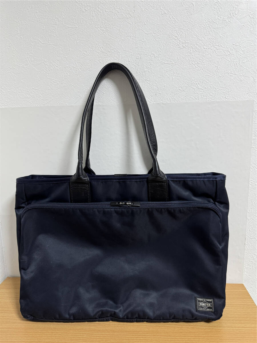 定価59400円●極美品●ポーター 吉田カバン PORTER TIME TOTE BAG トートバッグ ビジネス用 横型 品番:655-17873 ネイビー拍卖