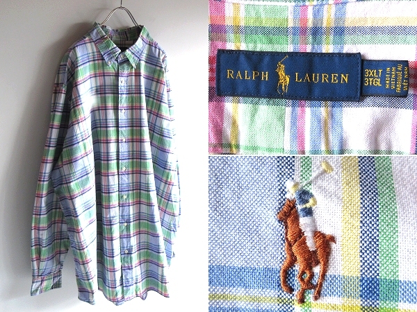 特大サイズ RALPH LAUREN ラルフローレン ポロポニーロゴ刺繍 コットン オックスフォード チェックシャツ BDシャツ 3XLT 3TGL 国内正規品拍卖
