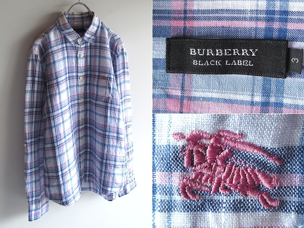 希少 BURBERRY BLACK LABEL バーバリーブラックレーベル ホースロゴ刺繍 ロールアップ袖 チェックシャツ リネンシャツ 3 ブルー ピンク 白拍卖
