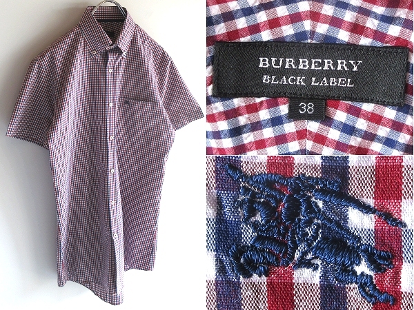 希少 BURBERRY BLACK LABEL バーバリーブラックレーベル ホースロゴ刺繍 チェック ストレッチシアサッカー BDシャツ 38 ネコポス対応拍卖