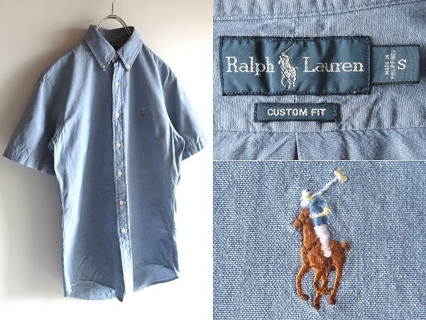 希少 00sビンテージ Ralph Lauren ラルフローレン CUSTOM FIT ロゴ刺繍 コットン ベタシャン 半袖 BDシャツ S インディゴ USA企画 ネコポス拍卖