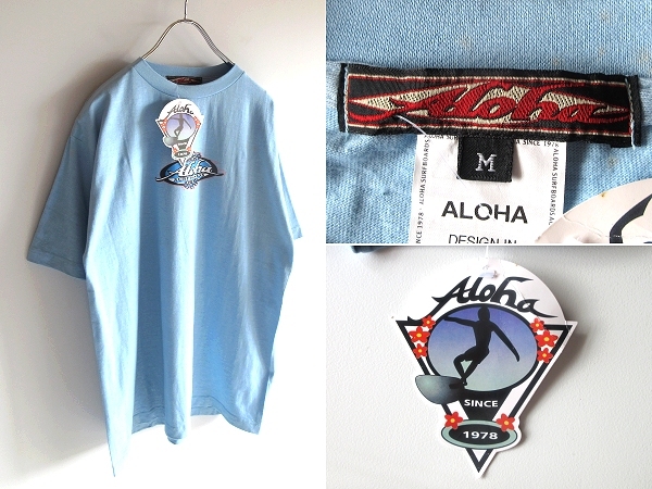 希少 デッドストック 00sビンテージ Aloha SURFBOARDS アロハサーフボード フラワーロゴプリント Tシャツ M ライトブルー ネコポス対応拍卖