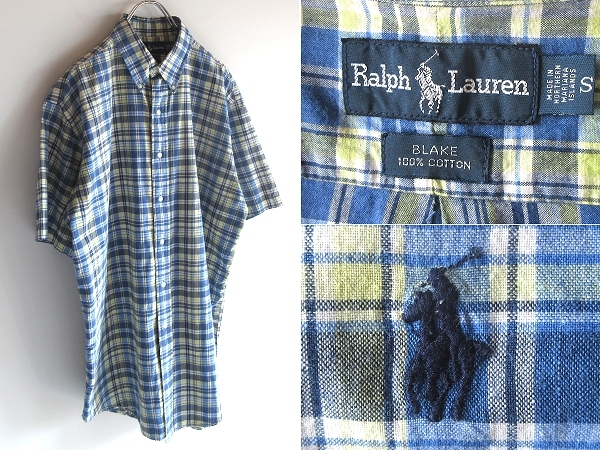 希少 USA製 90sビンテージ Ralph Lauren ラルフローレン BLAKE ポロポニーロゴ刺繍 コットン 半袖 チェックシャツ BDシャツ S 青黄 RN41381拍卖