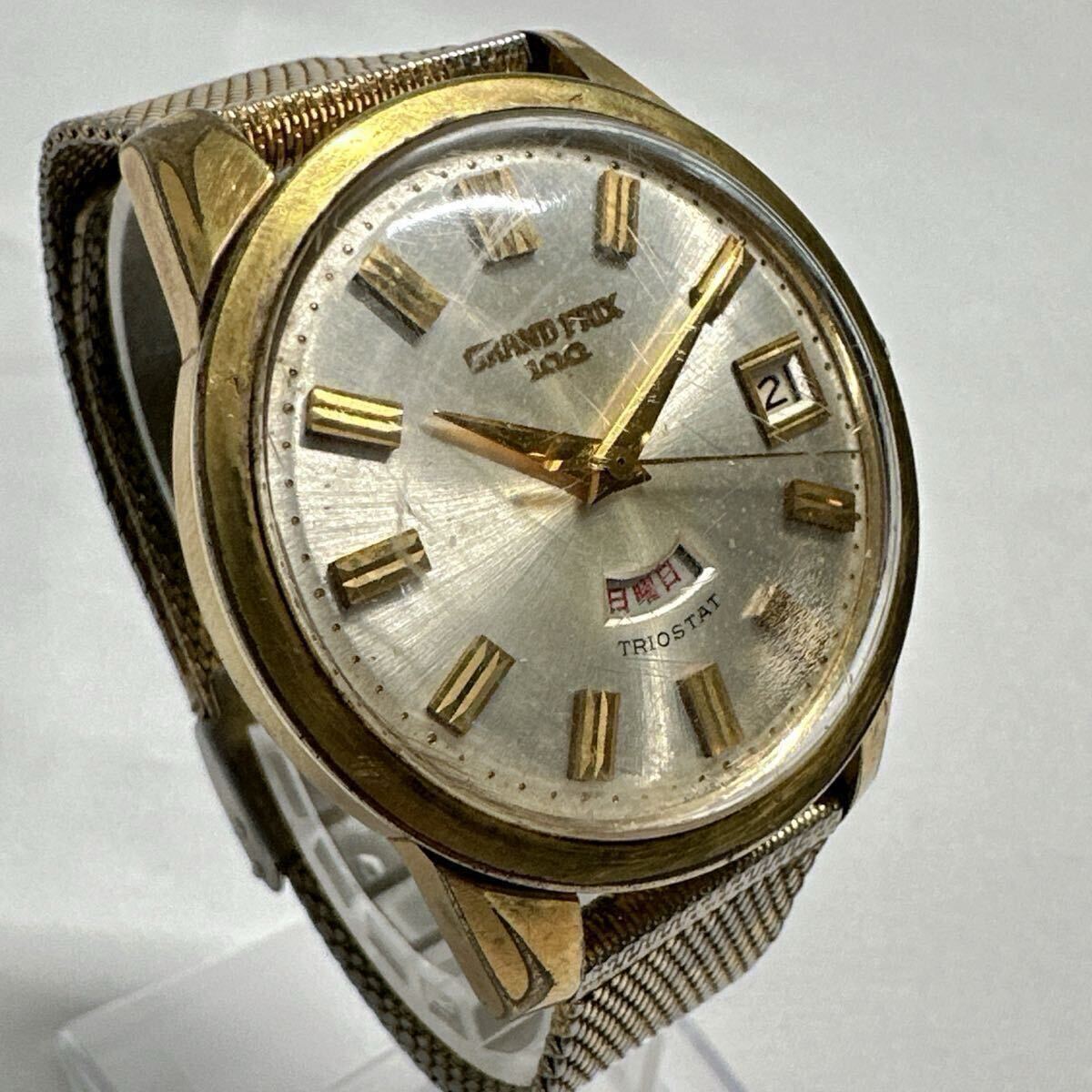 動作確認済 稼働 ORIENT オリエント GRAND PRIX 100 グランプリ トリオスタット 腕時計 自動巻 AT 14KGF デイデイト シルバー文字盤【812】拍卖