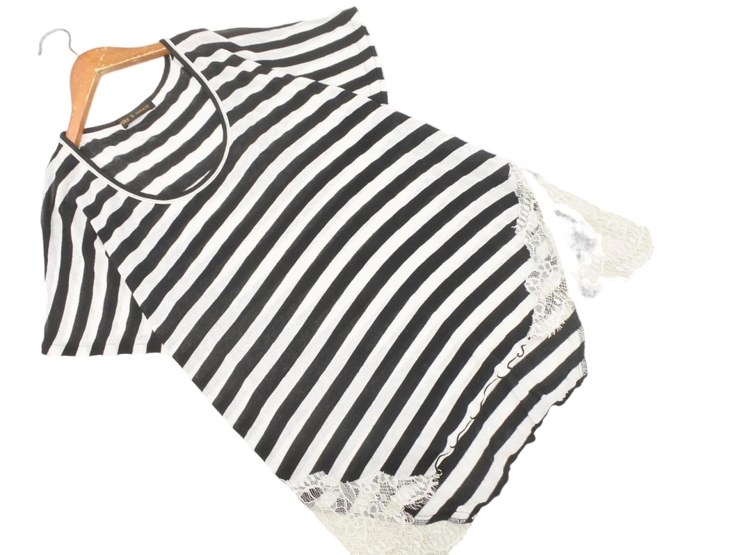 ネコポスOK FREE’S PHRASE フリーズフレーズ レース ボーダー カットソー sizeM/白x黒 ■◆ ☆ fga3 レディース拍卖