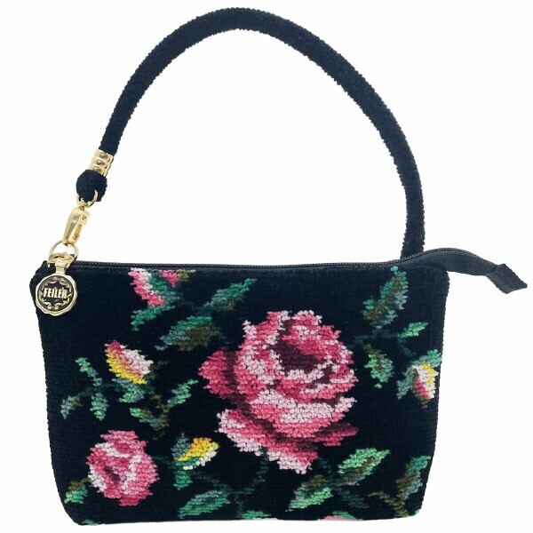 15595 フェイラー アクセサリーポーチ ゴラローズ サイドポーチ シュニール織 綿 ブラック 黒 マルチカラー拍卖