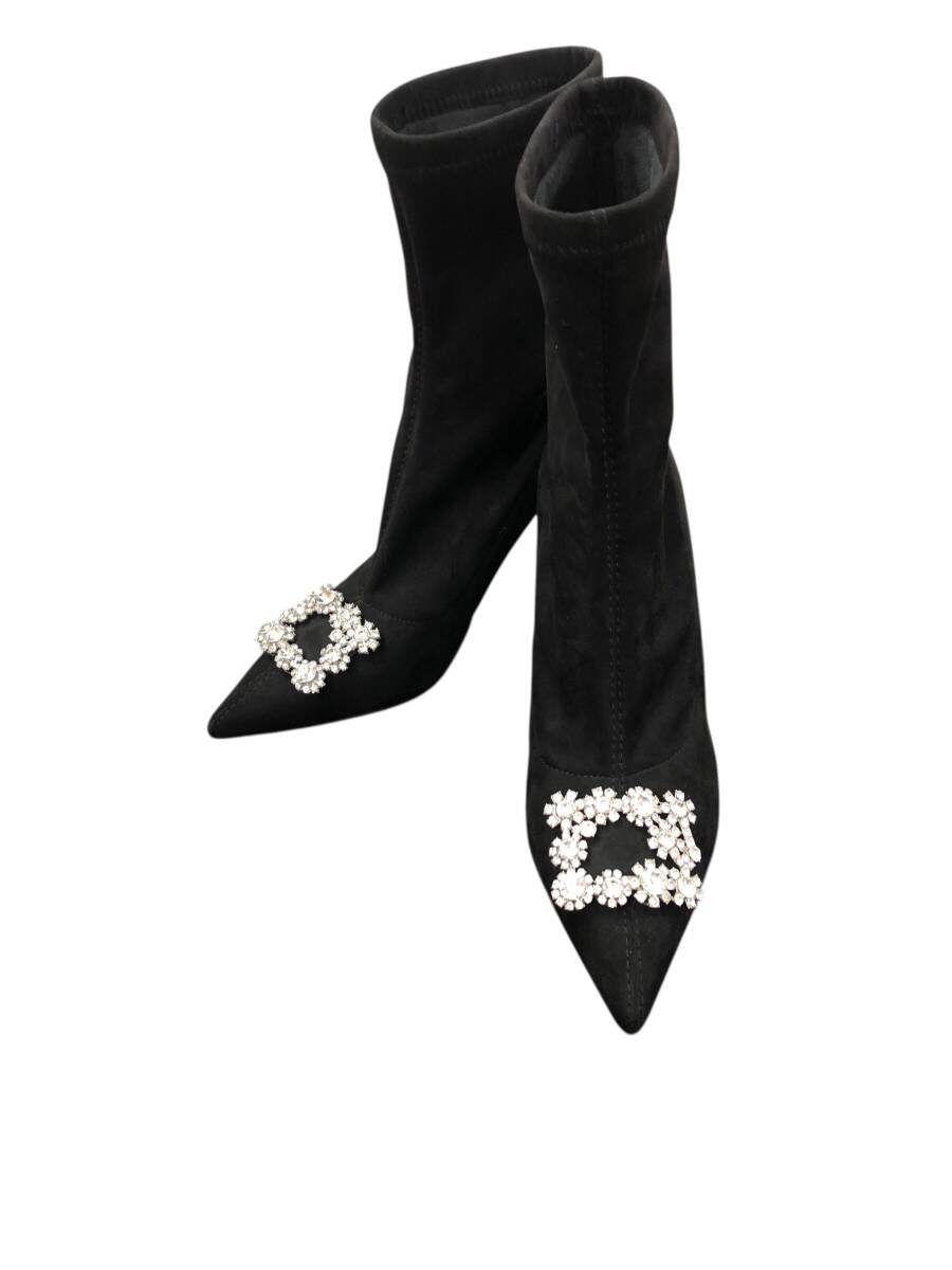 25R268 1 未使用に近い ビジュー付きショートブーツ 40サイズ 25.0cm ブラック スウェード素材 中古品 拍卖