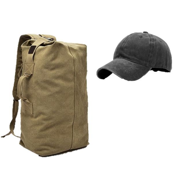 ミリタリー バッグ ドラム バッグ 35L 「カーキ」 コットン キャップ 付き ダッフル 帆布 リュックサック バックパック 大容量拍卖