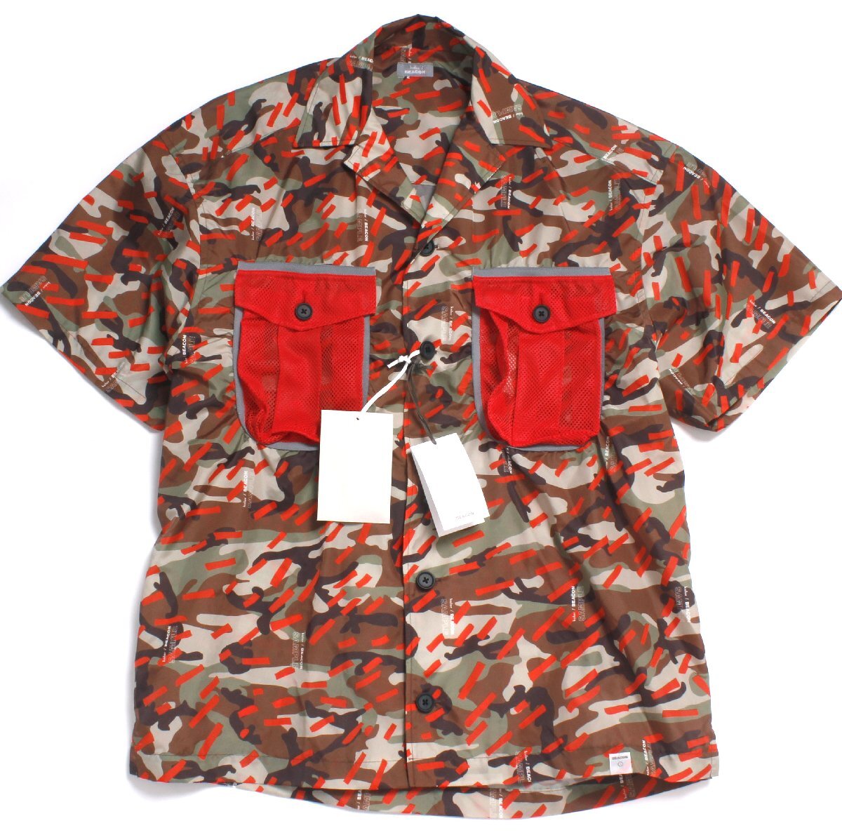 22ss【タグ付き・新品・定価41,800円】kolor BEACON ナイロンカモフラプリントオープンカラーシャツ size1 オレンジ 22SBM-B03131 カラー拍卖