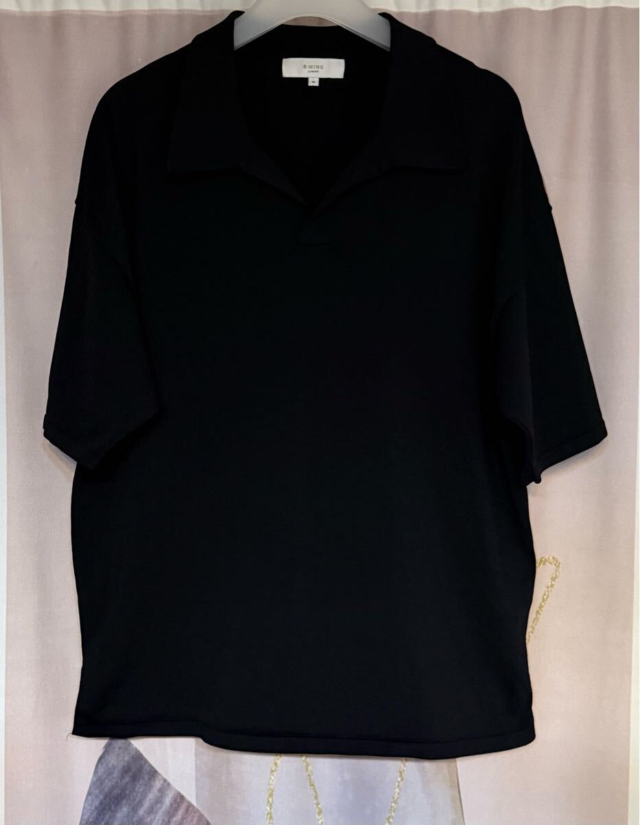 ビーミング ビームス 14G レーヨン スキッパー ニットポロシャツ ブラック拍卖